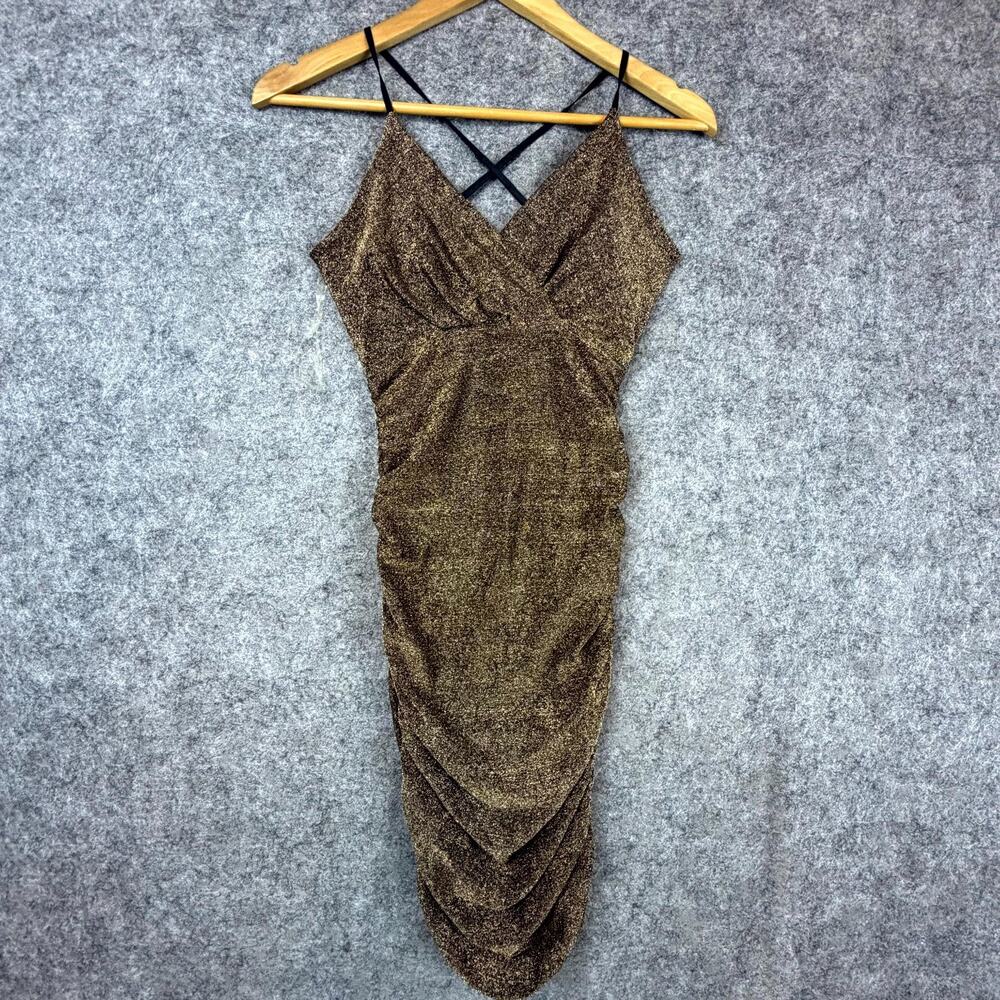 Vintage Leyva's Bling Dress Womens S Bronze Gold Y2K NYE Holiday Ruched Sparkle‎